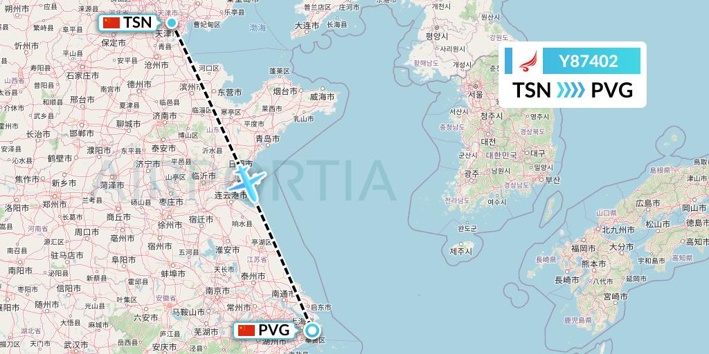 Y87402 Yangtze River Express Flight Map: Tianjin to Shanghai