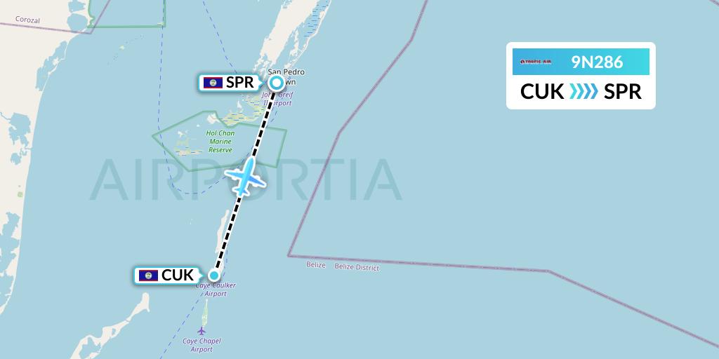 9N286 Tropic Air Flight Map: Caye Caulker to San Pedro