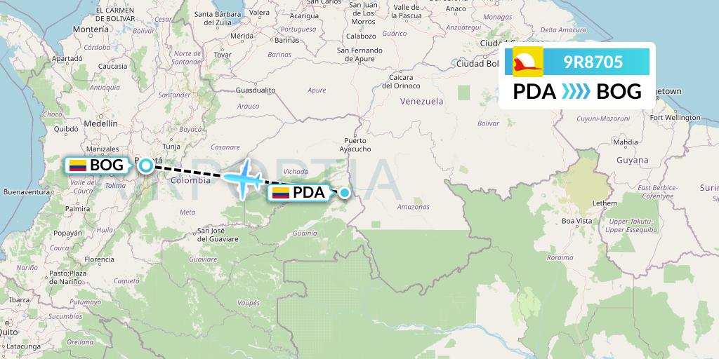 9R8705 Satena Flight Map: Puerto Inirida to Bogota