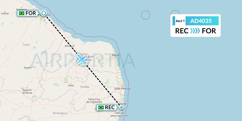 AD4035 Azul Brazilian Airlines Flight Map: Recife to Fortaleza