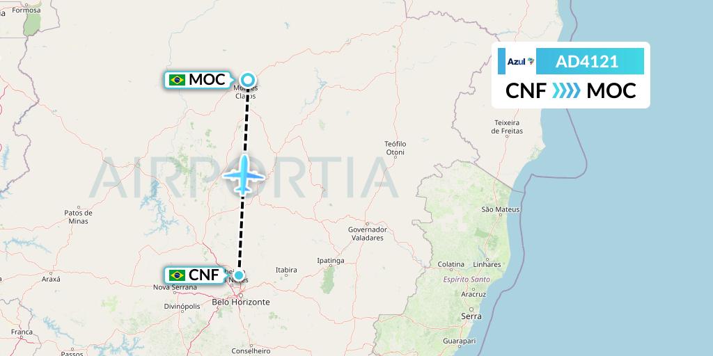 AD4121 Azul Brazilian Airlines Flight Map: Belo Horizonte to Montes Claros