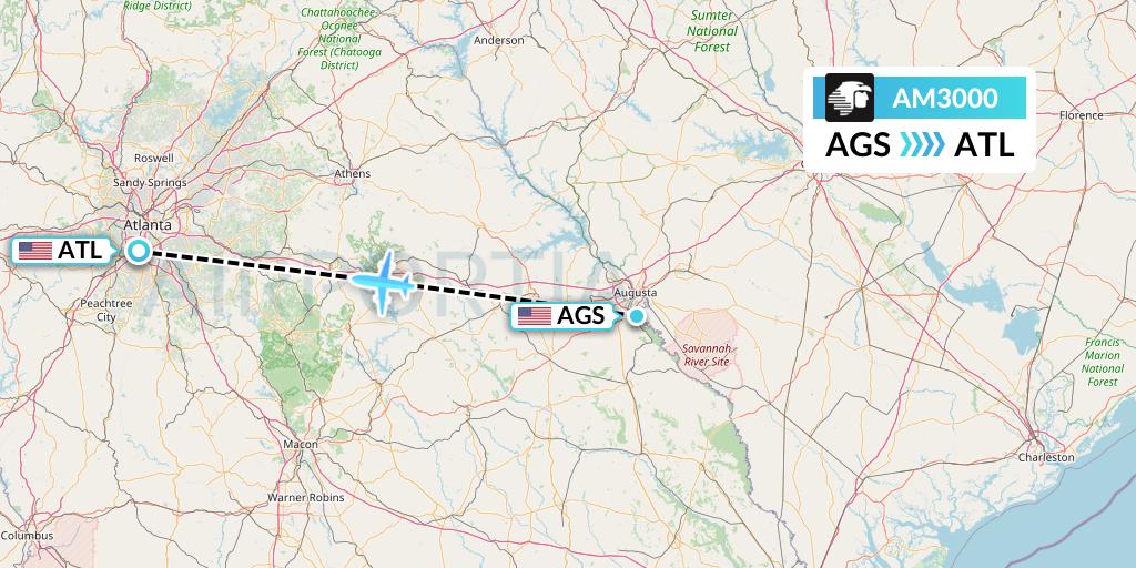 AM3000 Aeromexico Flight Map: Augusta to Atlanta