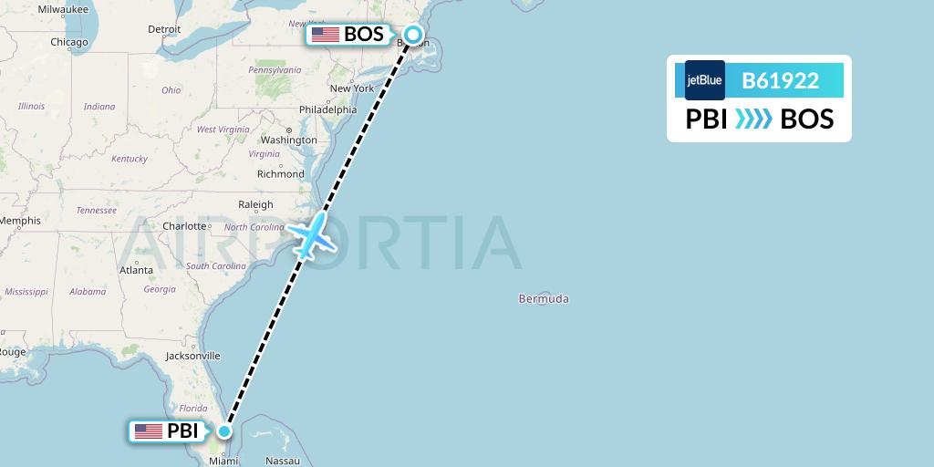 B61922 JetBlue Airways Flight Map: West Palm Beach to Boston