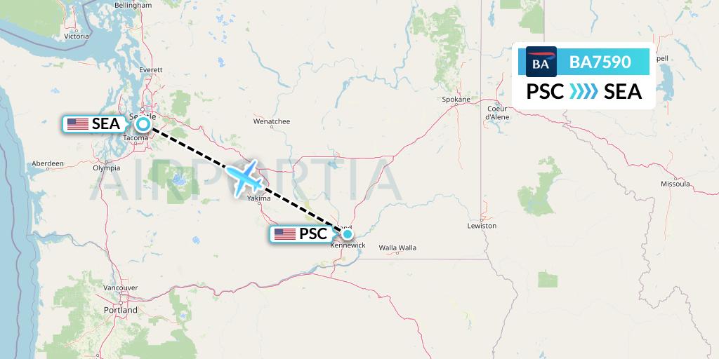 BA7590 British Airways Flight Map: Pasco to Seattle