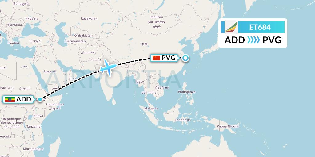 ET684 Ethiopian Airlines Flight Map: Addis Ababa to Shanghai