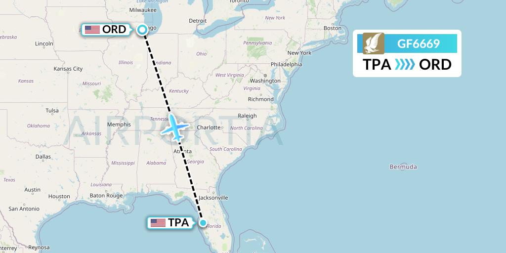 GF6669 Gulf Air Flight Map: Tampa to Chicago