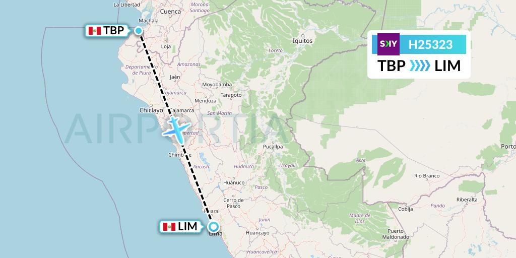H25323 Sky Airline Flight Map: Tumbes to Lima