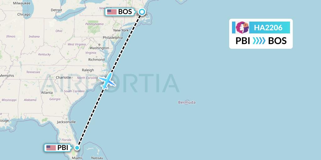 HA2206 Hawaiian Airlines Flight Map: West Palm Beach to Boston