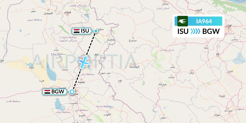 IA964 Iraqi Airways Flight Map: Sulaimaniyah to Baghdad