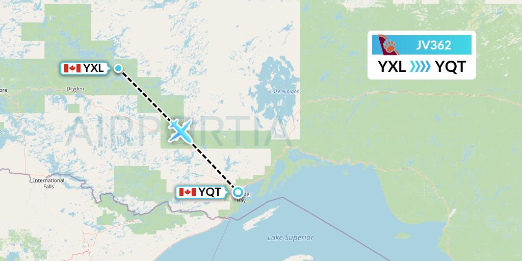 JV362 Bearskin Airlines Flight Map: Sioux Lookout to Thunder Bay