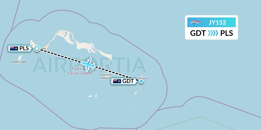 JY152 InterCaribbean Airways Flight Map: Cockburn Town to Providenciales