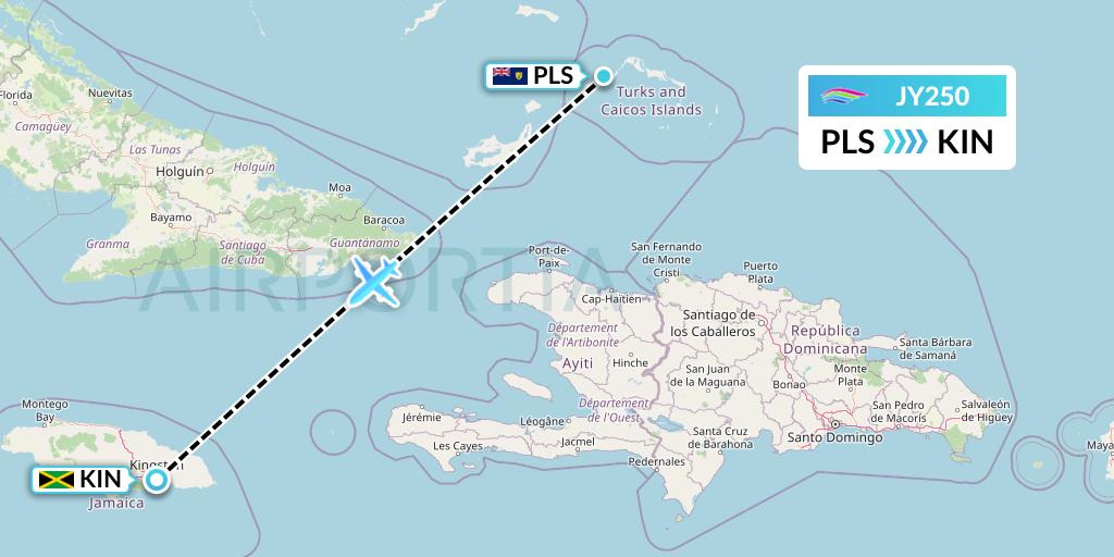 JY250 InterCaribbean Airways Flight Map: Providenciales to Kingston
