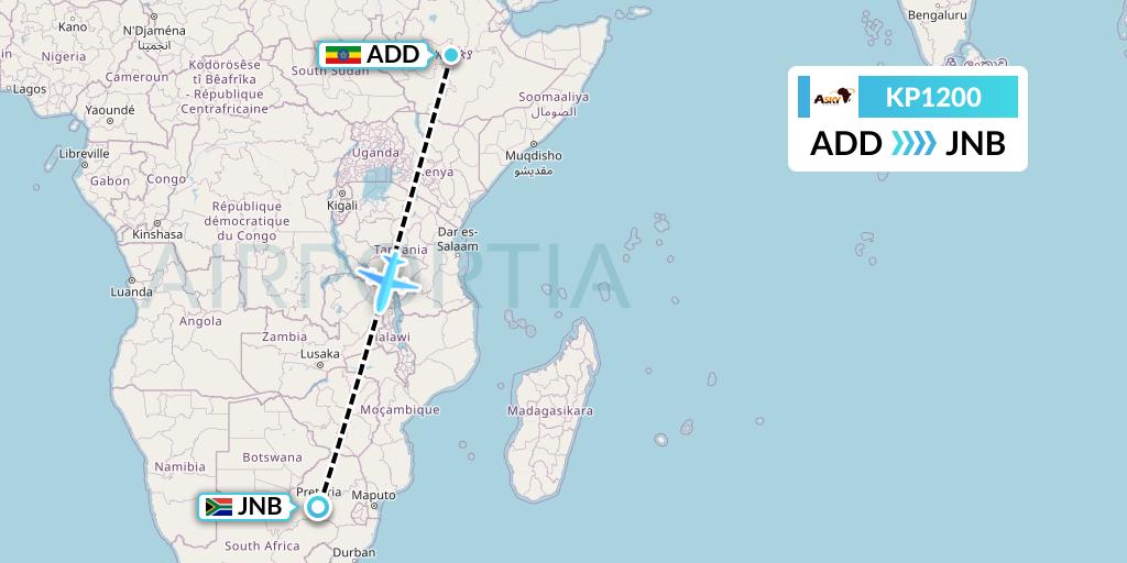 KP1200 ASKY Flight Map: Addis Ababa to Johannesburg