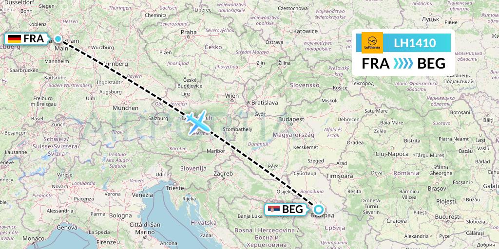 LH1410 Lufthansa Flight Map: Frankfurt to Belgrade