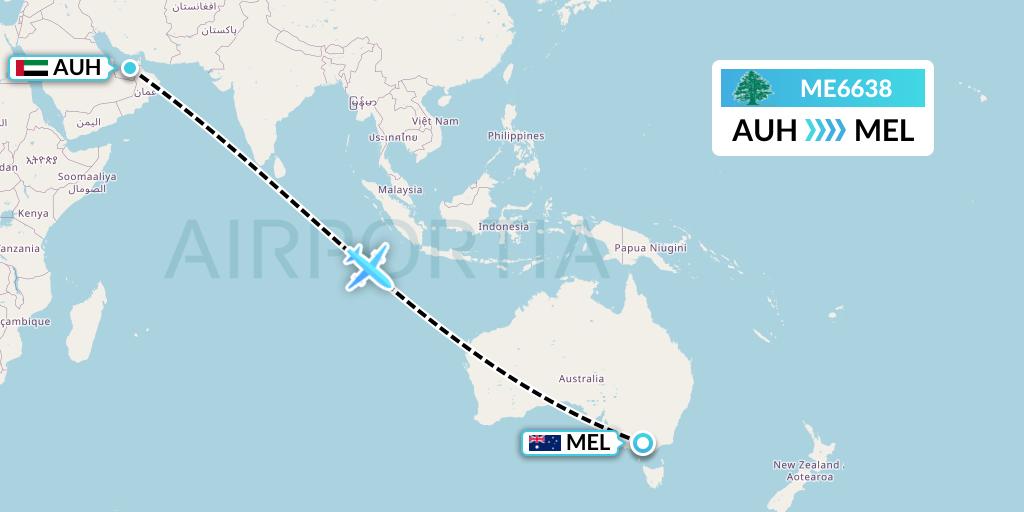 ME6638 MEA Flight Map: Abu Dhabi to Melbourne