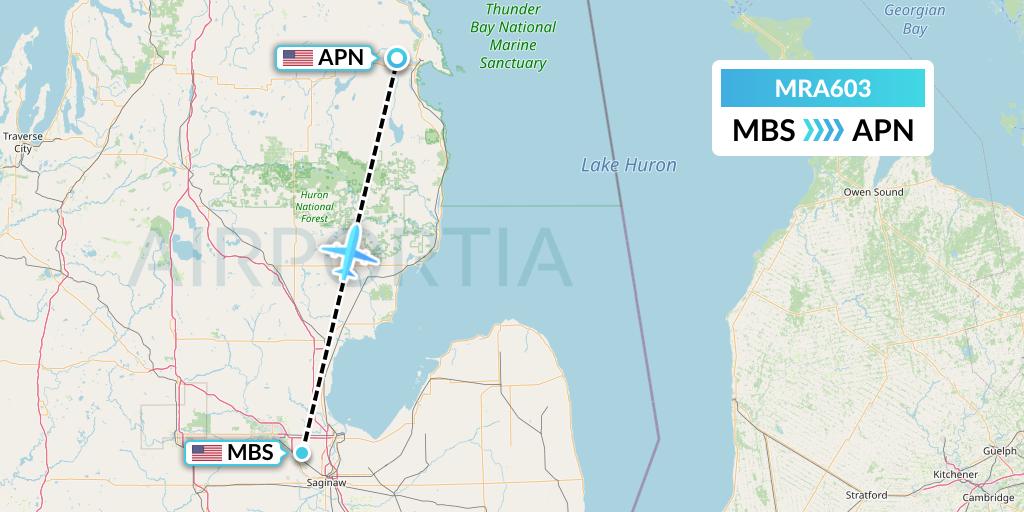 MRA603 Martinaire Flight Map: Saginaw to Alpena