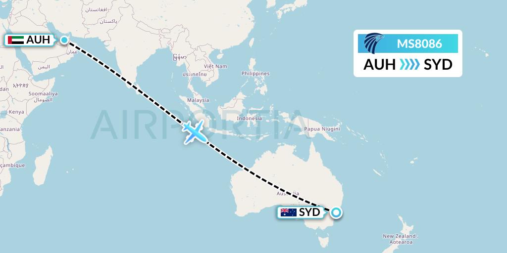 MS8086 EgyptAir Flight Map: Abu Dhabi to Sydney
