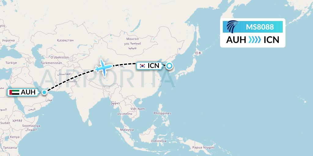 MS8088 EgyptAir Flight Map: Abu Dhabi to Seoul