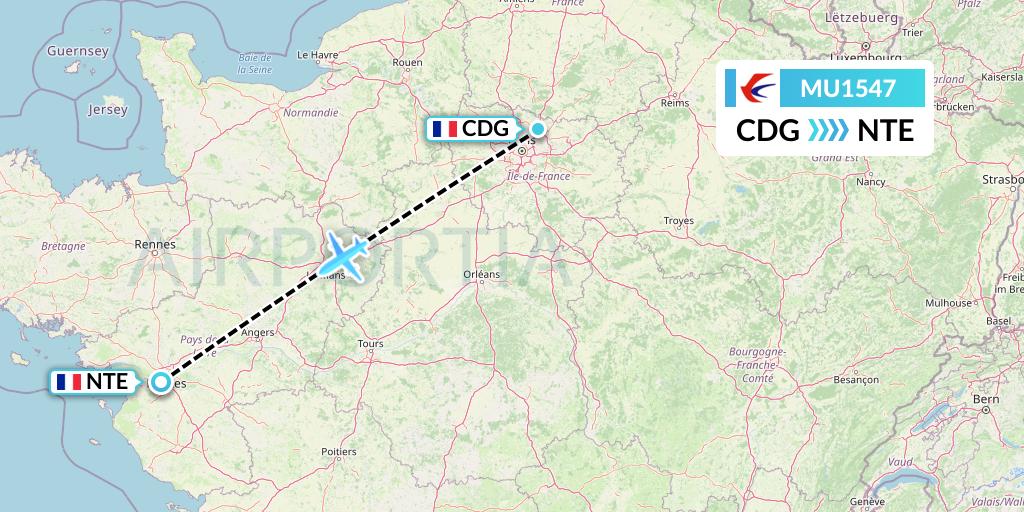 MU1547 China Eastern Airlines Flight Map: Paris to Nantes