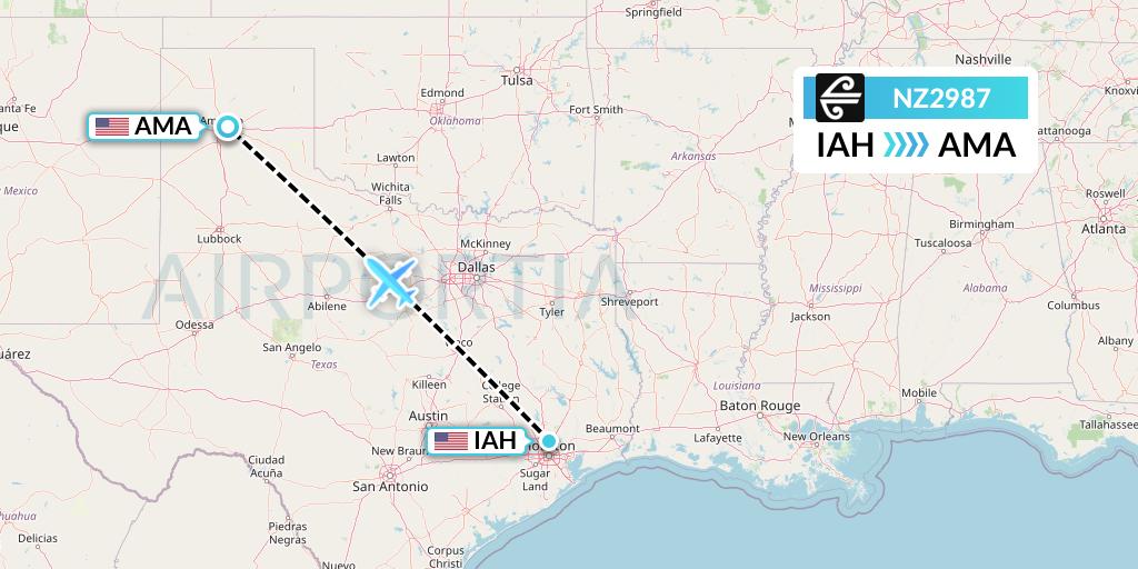 NZ2987 Air New Zealand Flight Map: Houston to Amarillo