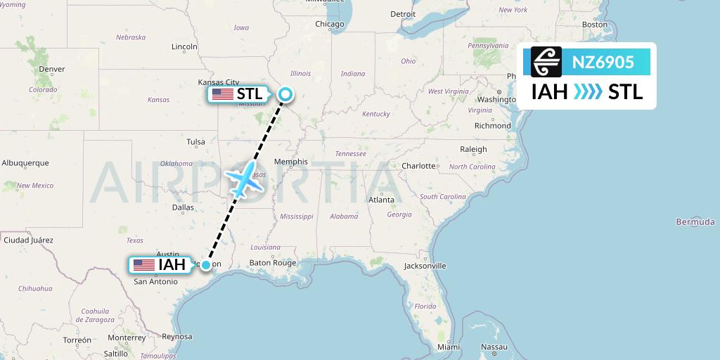 NZ6905 Air New Zealand Flight Map: Houston to St. Louis