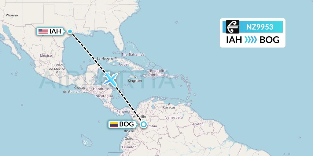 NZ9953 Air New Zealand Flight Map: Houston to Bogota