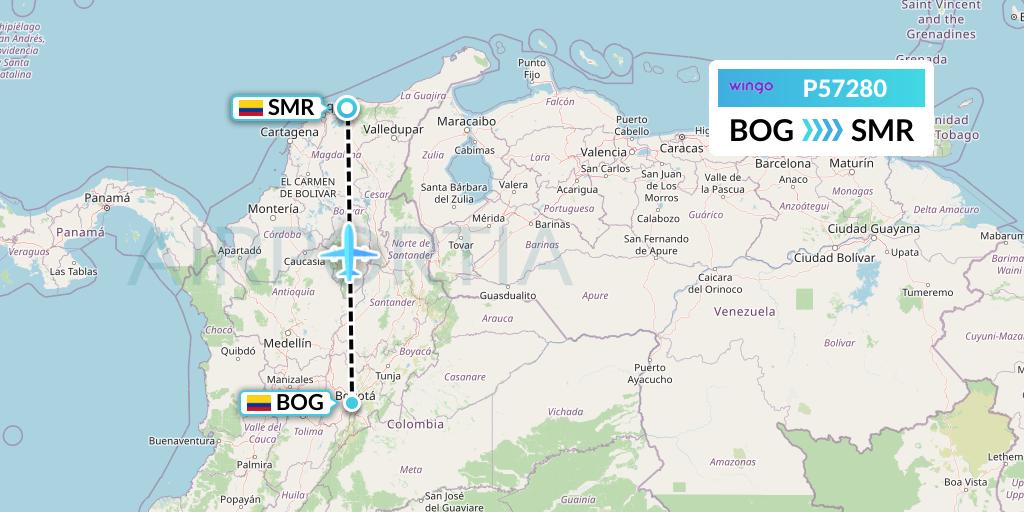 P57280 Copa Airlines Colombia Flight Map: Bogota to Santa Marta