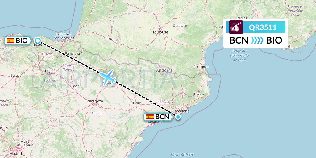 QR3511 Qatar Airways Flight Map: Barcelona to Bilbao