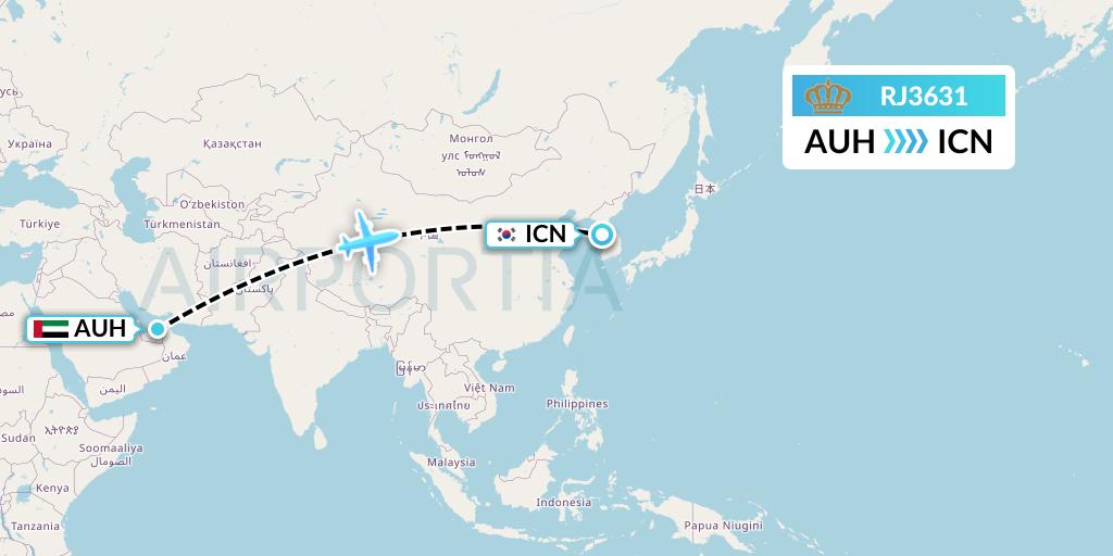 RJ3631 Royal Jordanian Flight Map: Abu Dhabi to Seoul