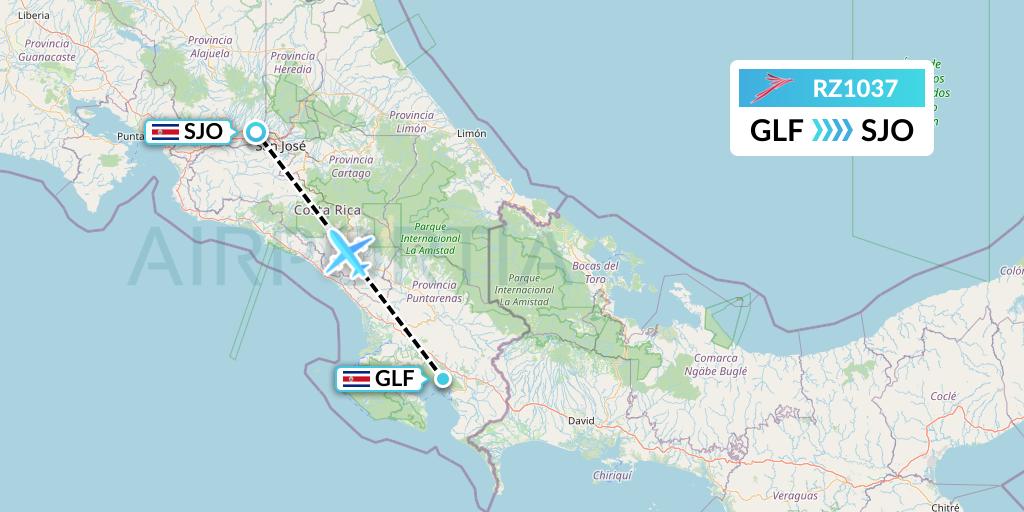 RZ1037 Sansa Airlines Flight Map: Golfito to San Jose