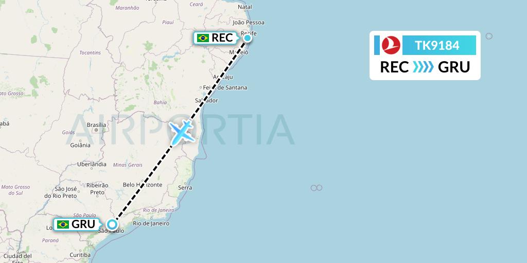 TK9184 Turkish Airlines Flight Map: Recife to Sao Paulo