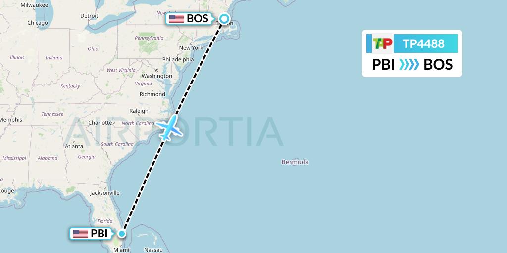 TP4488 TAP Portugal Flight Map: West Palm Beach to Boston