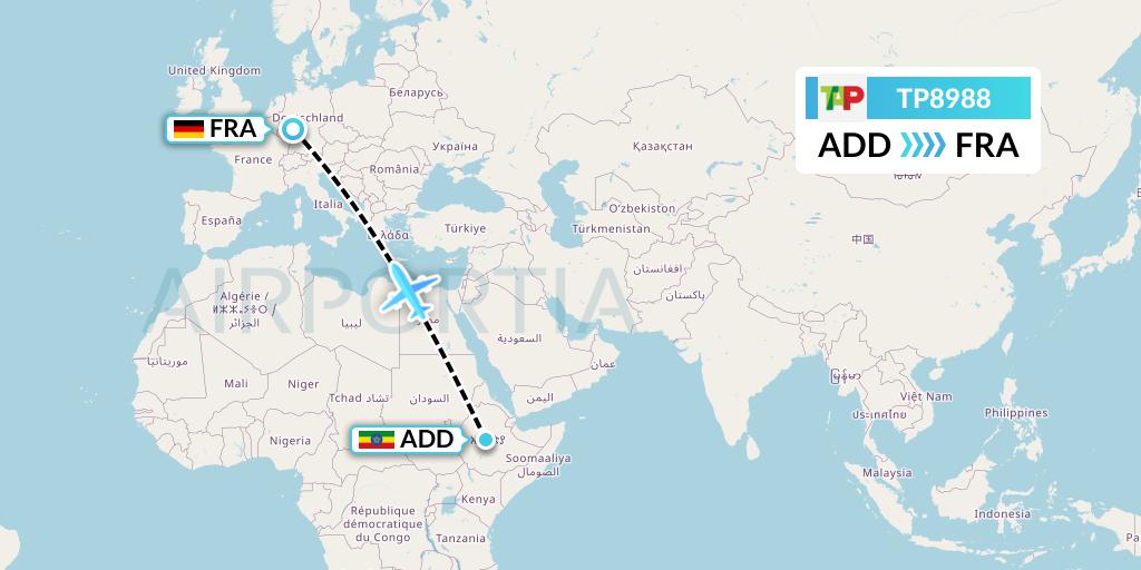 TP8988 TAP Portugal Flight Map: Addis Ababa to Frankfurt
