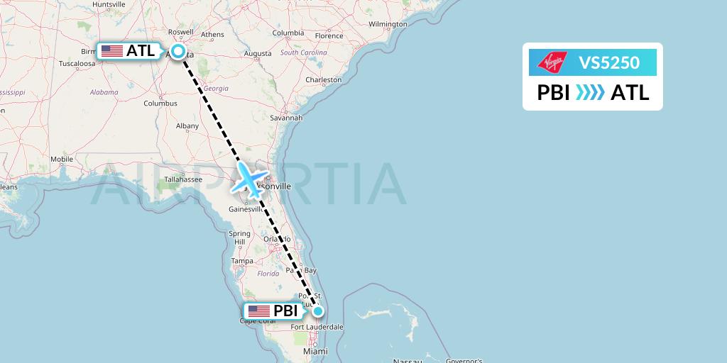 VS5250 Virgin Atlantic Airways Flight Map: West Palm Beach to Atlanta