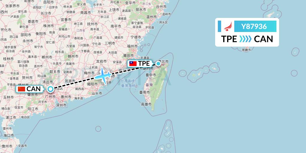 Y87936 Yangtze River Express Flight Map: Taipei to Guangzhou