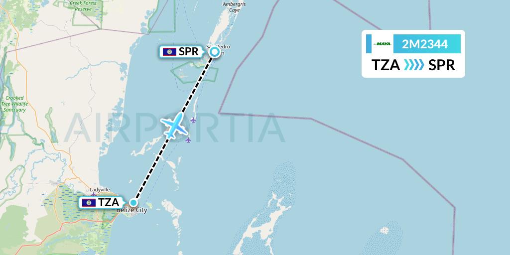 2M2344 Maya Island Air Flight Map: Belize City to San Pedro