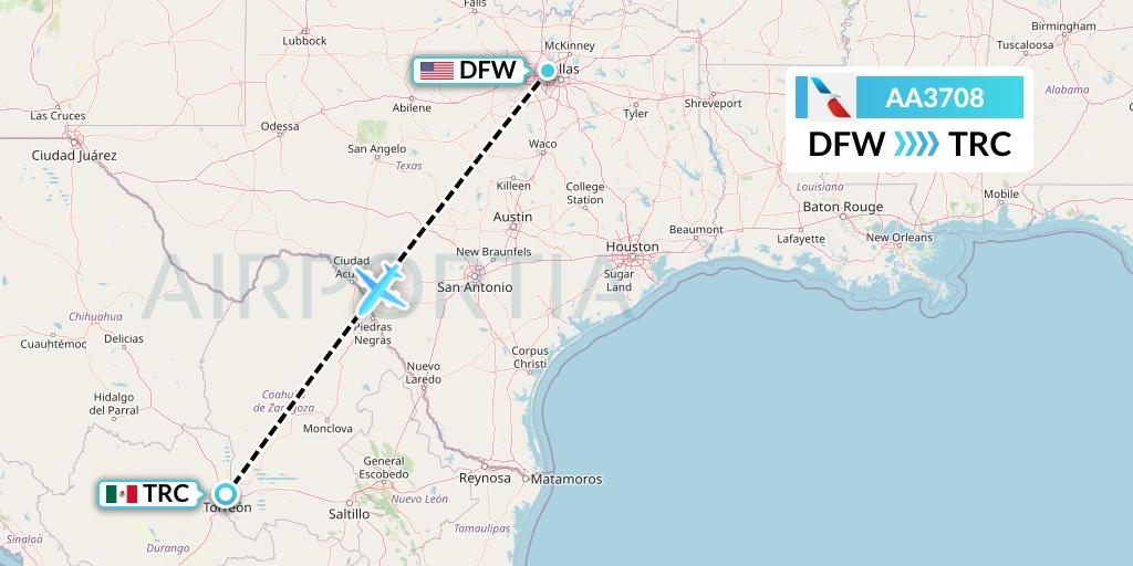 AA3708 American Airlines Flight Map: Dallas to Torreon