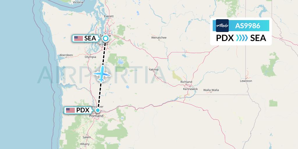 AS9986 Alaska Airlines Flight Map: Portland to Seattle