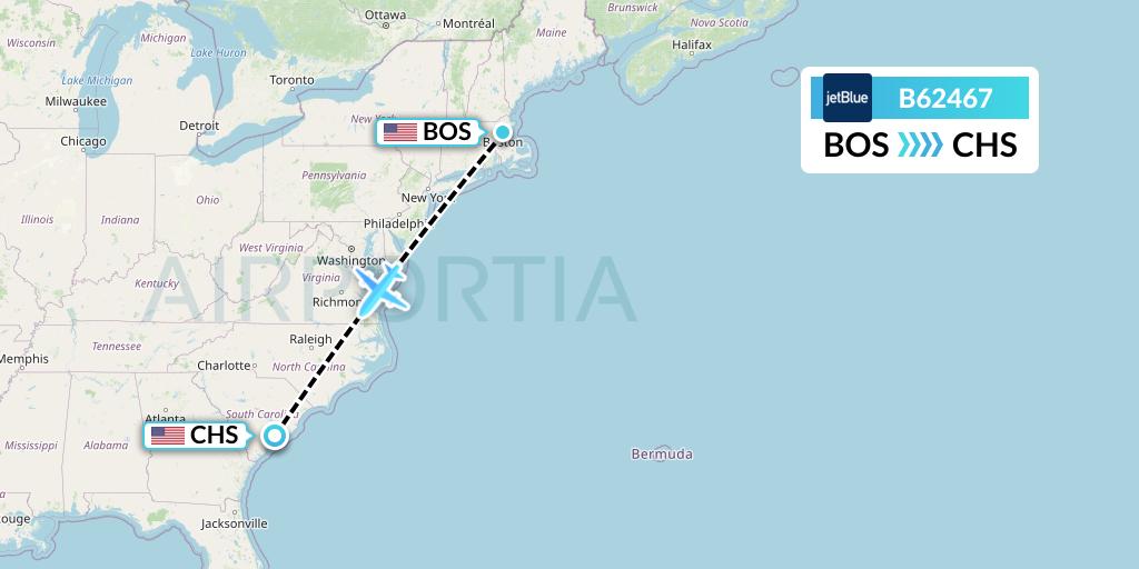 B62467 JetBlue Airways Flight Map: Boston to Charleston