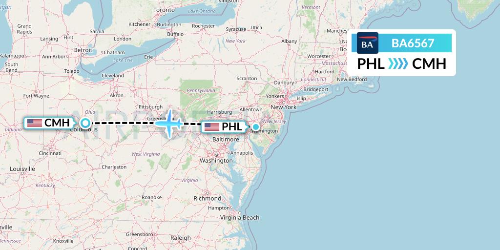 BA6567 British Airways Flight Map: Philadelphia to Columbus