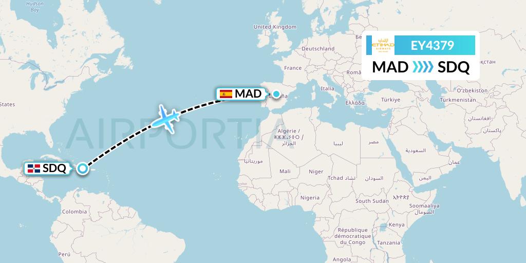 EY4379 Etihad Airways Flight Map: Madrid to Santo Domingo