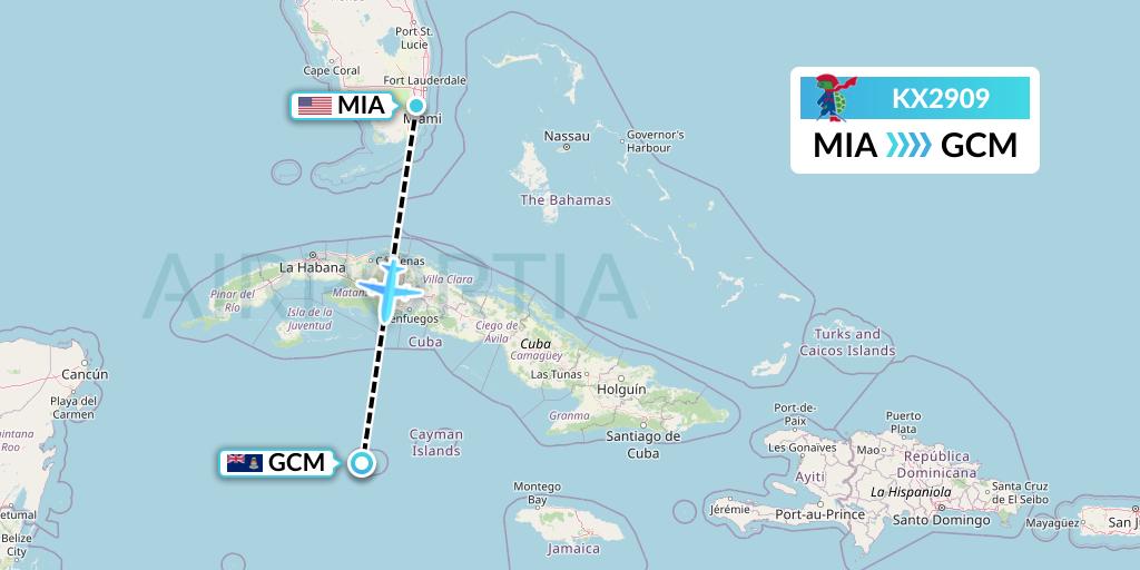 KX2909 Cayman Airways Flight Map: Miami to George Town