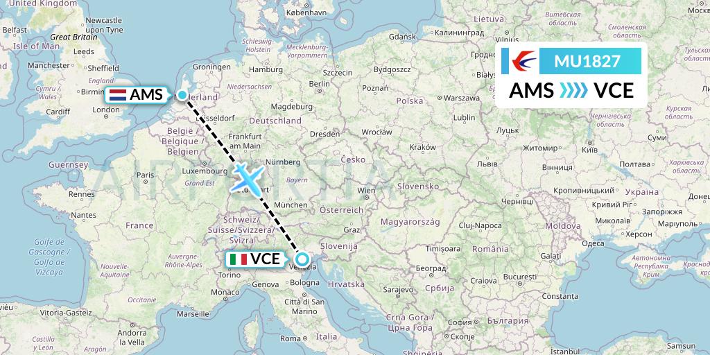 MU1827 China Eastern Airlines Flight Map: Amsterdam to Venice