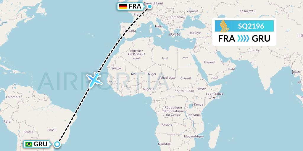 SQ2196 Singapore Airlines Flight Map: Frankfurt to Sao Paulo