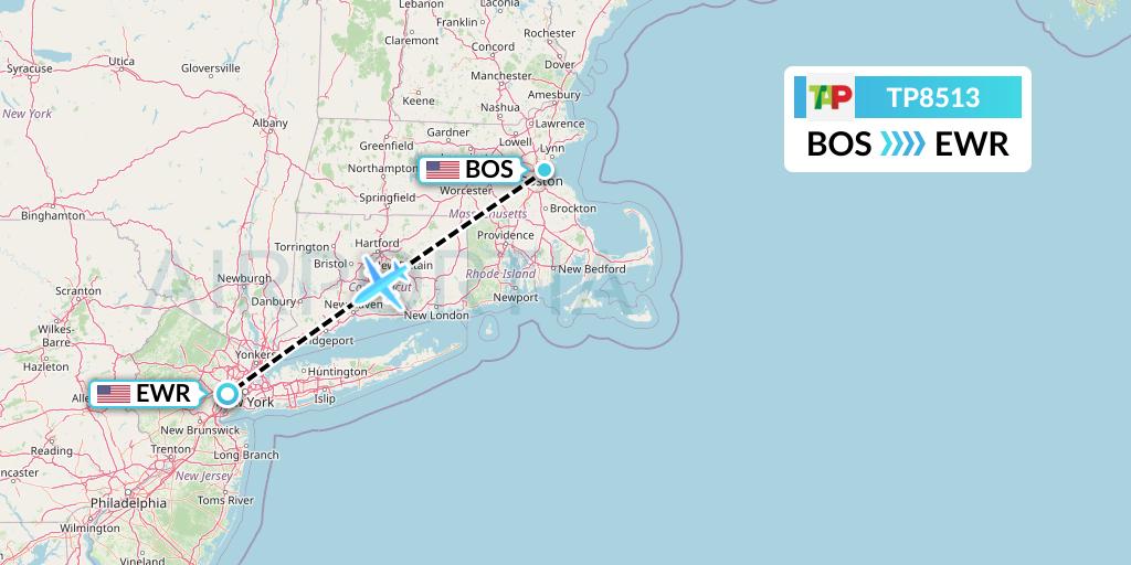 TP8513 TAP Portugal Flight Map: Boston to New York