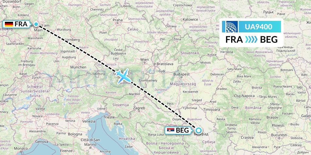 UA9400 United Airlines Flight Map: Frankfurt to Belgrade