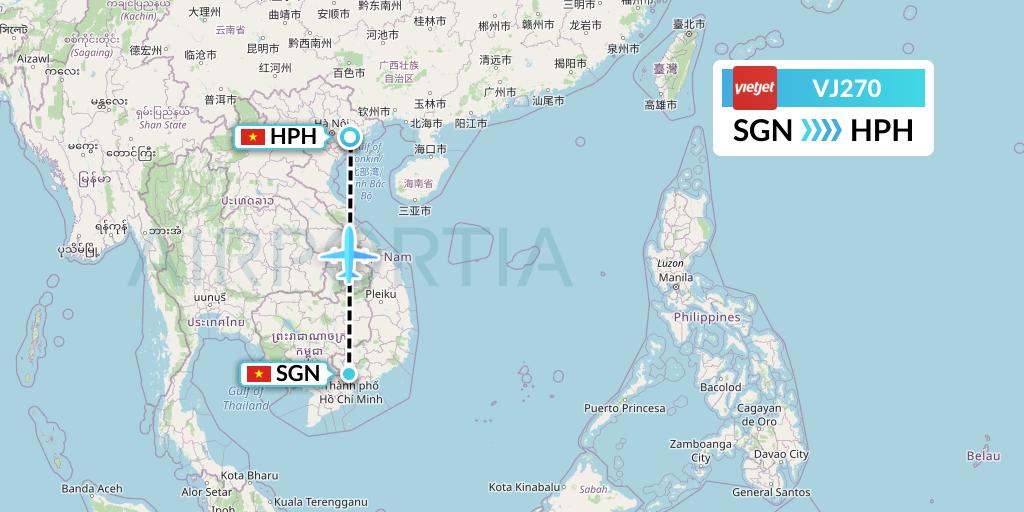 VJ270 VietJet Air Flight Map: Ho Chi Minh City to Haiphong