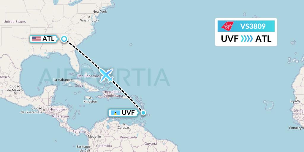 VS3809 Virgin Atlantic Airways Flight Map: Vieux Fort to Atlanta
