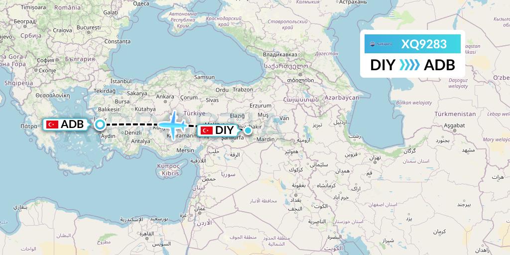 XQ9283 SunExpress Flight Map: Diyarbakir to Izmir