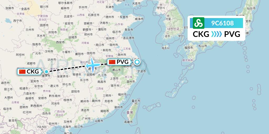 9C6108 Spring Airlines Flight Map: Chongqing to Shanghai